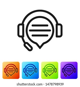 Black Headphones with speech bubble chat icon isolated on white background. Support customer service, hotline, call center, faq, maintenance. Set icon in color square buttons. Vector Illustration