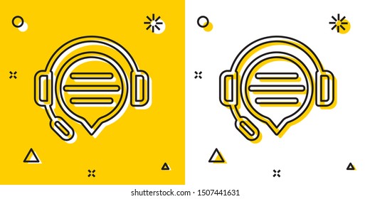 Black Headphones with speech bubble chat icon isolated on yellow and white background. Support customer service, hotline, call center, faq, maintenance. Random dynamic shapes. Vector Illustration