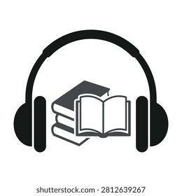 Black headphones with stack of books on white background, symbolizing audiobooks and e-learning