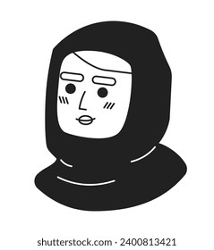 Black headscarf indian woman black and white 2D vector avatar illustration. South asian female with islamic veil outline cartoon character face isolated. Brunette flat user profile image, portrait