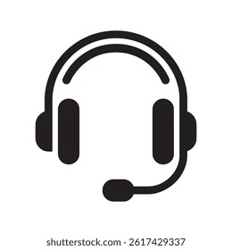 Black Headset Icon with Adjustable Microphone Representing Communication, Virtual Meetings, and Customer Support for Gaming, Editable Vector Illustration isolated on a white background