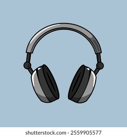 Black headset vector illustration isolated on white blue background, black orange headphone flat icon, audio electronic gadget