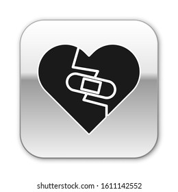 Black Healed broken heart or divorce icon isolated on white background. Shattered and patched heart. Love symbol. Valentines day. Silver square button. Vector Illustration