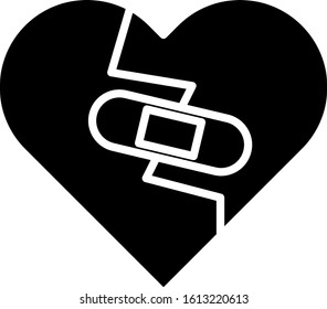 Black Healed broken heart or divorce icon isolated on white background. Shattered and patched heart. Love symbol. Valentines day.  Vector Illustration