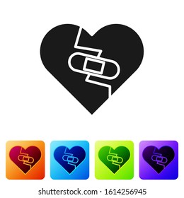 Black Healed broken heart or divorce icon isolated on white background. Shattered and patched heart. Love symbol. Valentines day. Set icons in color square buttons. Vector Illustration