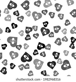 Black Healed broken heart or divorce icon isolated seamless pattern on white background. Shattered and patched heart. Love symbol. Valentines day.  Vector