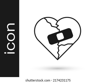 Black Healed broken heart or divorce icon isolated on white background. Shattered and patched heart. Love symbol. Valentines day.  Vector