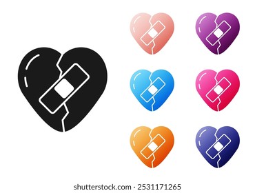 Black Healed broken heart or divorce icon isolated on white background. Shattered and patched heart. Love symbol. Valentines day. Set icons colorful. Vector