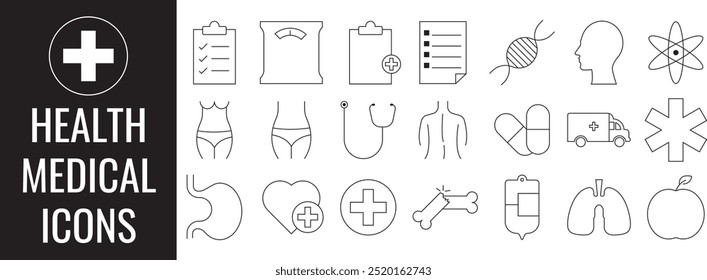 Black Health Care and Medical Minimalist Thin Line Icons Set | Vector Illustration for UX UI, Website Design, Presentation