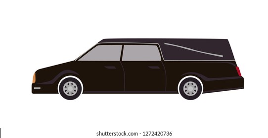 Black hearse isolated on white background. Automobile carrying dead body. First Call vehicle, funeral transport, burial transportation service. Colorful vector illustration in flat cartoon style.