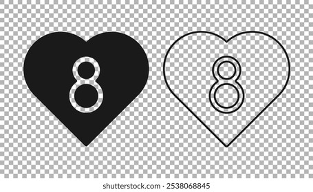 Black Heart with 8 March icon isolated on transparent background. Romantic symbol linked, join, passion and wedding. Happy Women Day.  Vector