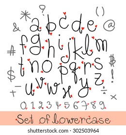 Black heart alphabet lowercase letters.Hand drawn written with a soft watercolor paint brush chalk pencil