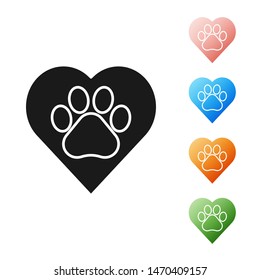 Black Heart with animals footprint icon isolated on white background. Pet paw in heart. Love to the animals. Set icons colorful. Vector Illustration