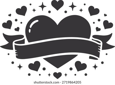 Black heart badge vector with blank ribbon banner and decorative sparkles. Clean flat silhouette design with empty copy space, isolated on white background. Perfect for Valentine’s Day quotes, love messages, wedding invitations, anniversary cards, logos, stickers, and printable designs.