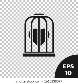 Black Heart in the bird cage icon isolated on transparent background. Love sign. Valentines symbol.  Vector Illustration