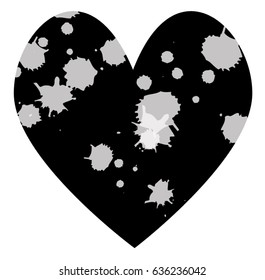 A black heart with blots in vector illustration.
