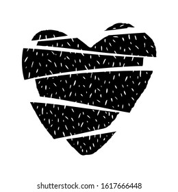 Black heart broken and cut into pieces isolated on the white background. Hand drawn vector illustration.