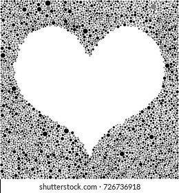 Black heart from bubbles dots circles. Frame on white background. Random dots. Heart element for design on Valentine day. Love, couple, relationship. Love, health concept.