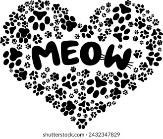 Black Heart with Cat's footprints and text meow vector illustration