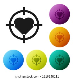 Black Heart in the center of darts target aim icon isolated on white background. Valentines day. Set icons colorful circle buttons. Vector Illustration