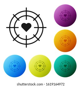 Black Heart in the center of darts target aim icon isolated on white background. Valentines day. Set icons colorful circle buttons. Vector Illustration