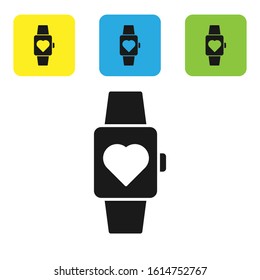 Black Heart in the center wrist watch icon isolated on white background. Valentines day. Set icons colorful square buttons. Vector Illustration