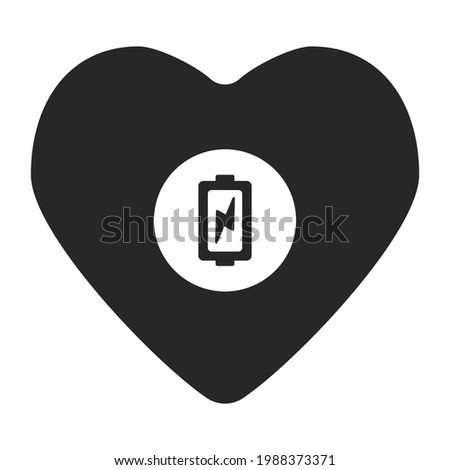 black heart with charging battery, flat style, icon, logotype, simple form