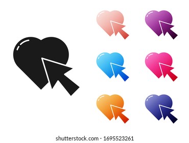 Black Heart and cursor click icon isolated on white background. Online dating. Click on like button. International Happy Women Day. Set icons colorful. Vector Illustration