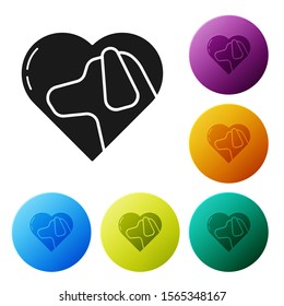 Black Heart with dog icon isolated on white background. Pet paw in heart. Love to the animals. Set icons colorful circle buttons. Vector Illustration