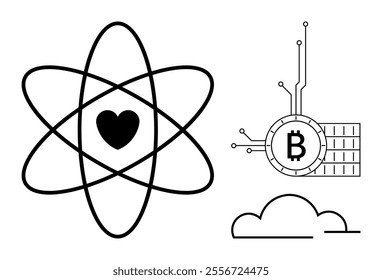 Black heart enclosed in an atom structure, a Bitcoin coin showing circuitry connections and a cloud outline. Ideal for technology, love in science, cryptocurrency, minimalism, modern graphics