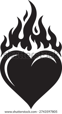 Black heart with flames icon, symbol of passionate love, strong emotions, or a burning desire, isolated on white background.
