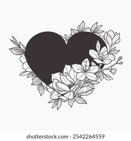 Black heart with flowers and leaves. Vector illustration