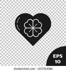 Black Heart with four leaf clover icon isolated on transparent background. Happy Saint Patrick day.  Vector Illustration