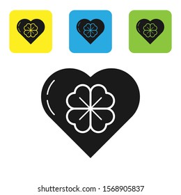 Black Heart with four leaf clover icon isolated on white background. Happy Saint Patrick day. Set icons colorful square buttons. Vector Illustration