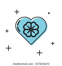 Black Heart with four leaf clover icon isolated on white background. Happy Saint Patrick day.  Vector Illustration