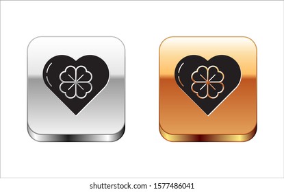 Black Heart with four leaf clover icon isolated on white background. Happy Saint Patrick day. Silver-gold square button. Vector Illustration