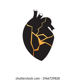 Black heart with gold marble pattern. Kintsugi. The concept of restoring a broken heart. Unhappy love. Vector flat illustration on a white isolated background.