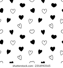 Black heart hand drawn seamless pattern isolated on white background. Love symbol line pattern drawn in ink pen. Decorative sketch illustration background with loophable elements