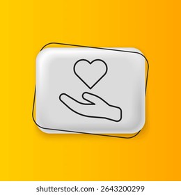 Black Heart in hand icon isolated on yellow background. Hand giving love symbol. Valentines day symbol. Silver rectangle button. Vector