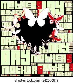 black heart icon with butterflies and 'mothers day' words together for mothers day celebration vector print pattern.