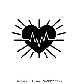 Black heart icon with ekg pulse lines representing cardiology and health concepts