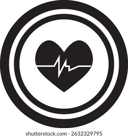 Black heart icon with an electrocardiogram line inside a bold circular frame. Represents health, heartbeat, emergency, or medical alert. Clean, modern symbol for healthcare designs.