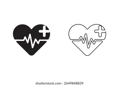 Um ícone de coração preto com uma linha de cardiograma e um símbolo de mais, representando saúde e assistência médica. Uma segunda versão de contorno do mesmo ícone também está presente, isolada em um fundo branco.