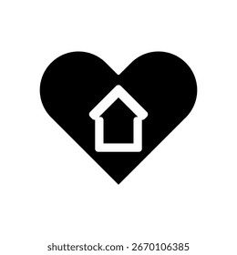 Icono de corazón negro con una casa en el interior que simboliza la caridad, el refugio y la donación. Icono de la casa del corazón de la caridad