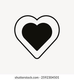 Black heart icon inside a white heart outline on a plain background. Simple design, heart symbol, heart shape,icon for love and affection themes. Love element vector.