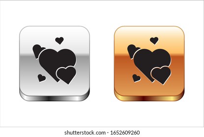 Black Heart icon isolated on white background. Romantic symbol linked, join, passion and wedding. Valentine day symbol. Silver-gold square button. Vector Illustration