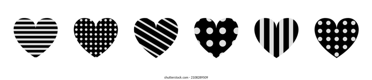 Black heart icon set. Happy Valentines day. Love sign symbol simple template. Cute polka dot, line pattern. Decoration element. Greeting card. Square composition. Flat design. White background. Vector