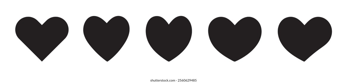 Black heart icon set. Heart, love, romance or valentine's day black heart. Heart vector icons. Artistic love symbols isolated. Black love silhouette.