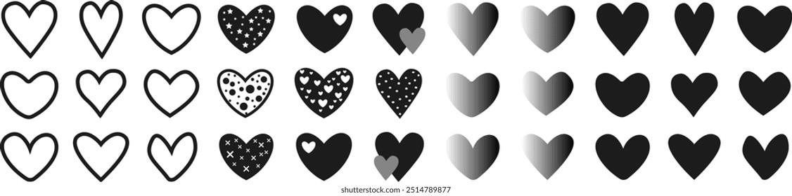 Black heart icon set vector. Various simple vector heart love icon.