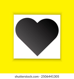 Black heart icon. White square frame. Bright yellow background. Minimalist flat design.